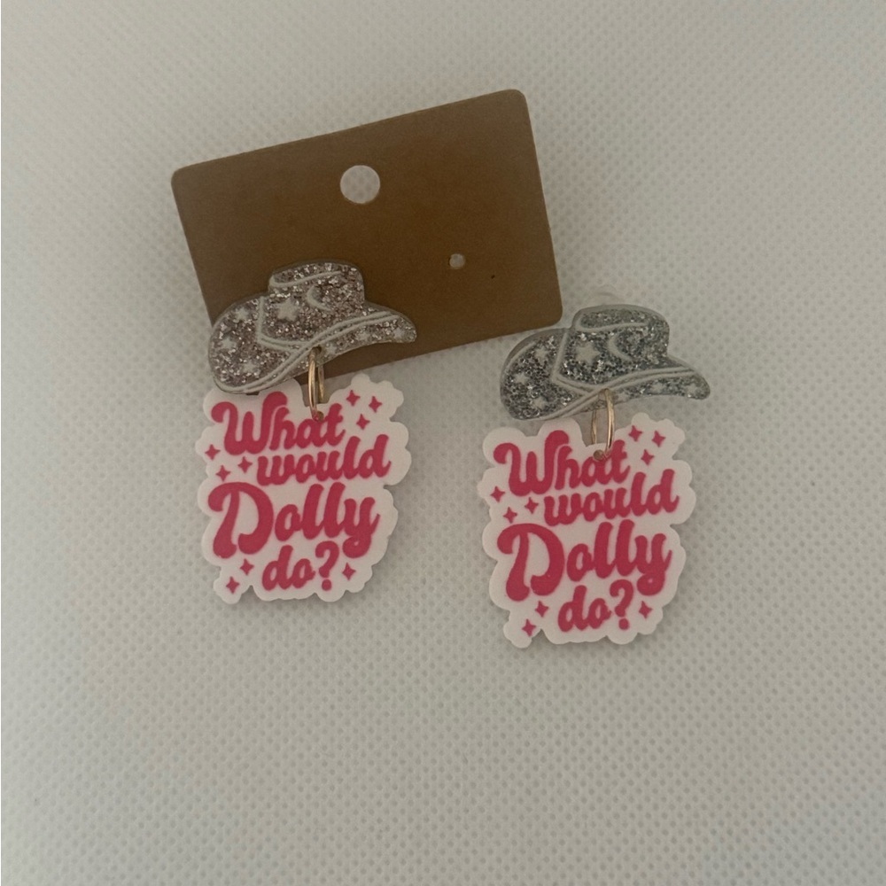 “What Would Dolly Do?” Earrings – Glitter Hat Topper-Country Western Style – NWT